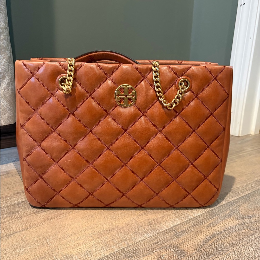 Tory Burch Tan Quilted Tote with Gold Chain